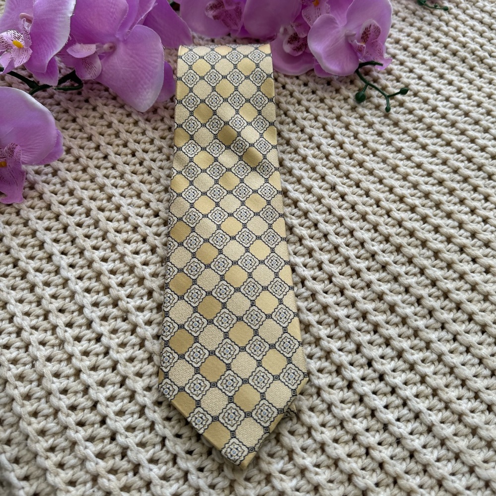 Burma Bibas Men’s Silk Tie Gold Floral Geometric - 60”